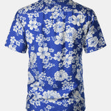 Button-Up Short Sleeve Blue Floral Print Shirt with Pocket, Hawaiian Style Cuban Collar