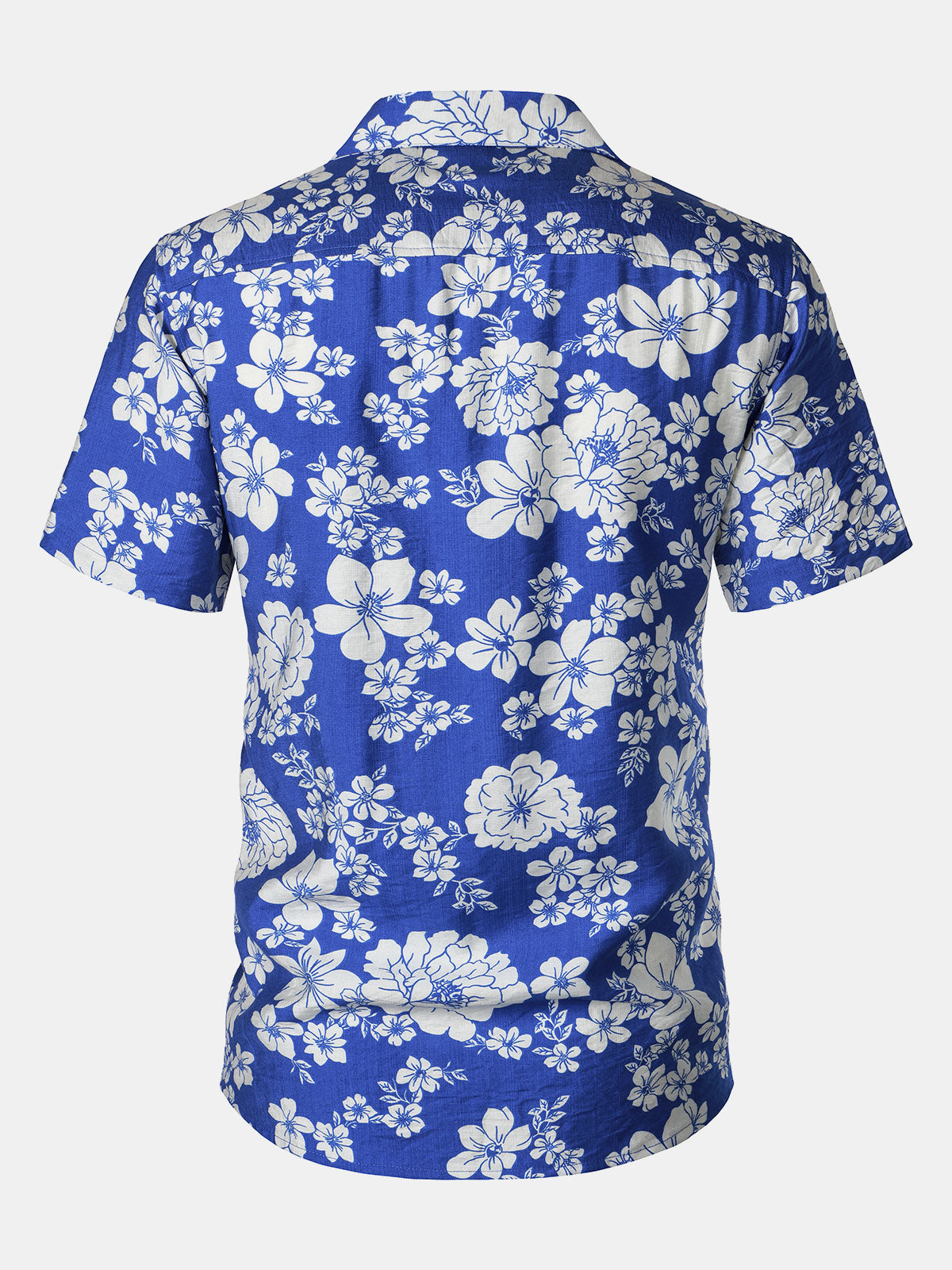 Button-Up Short Sleeve Blue Floral Print Shirt with Pocket, Hawaiian Style Cuban Collar