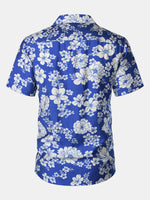 Button-Up Short Sleeve Blue Floral Print Shirt with Pocket, Hawaiian Style Cuban Collar