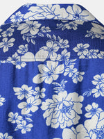 Button-Up Short Sleeve Blue Floral Print Shirt with Pocket, Hawaiian Style Cuban Collar
