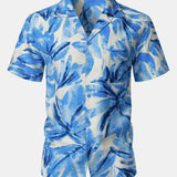 Buttoned Short Sleeve Blue Tropical Leaves Hawaiian Style Cuban Collar Shirt with Pocket