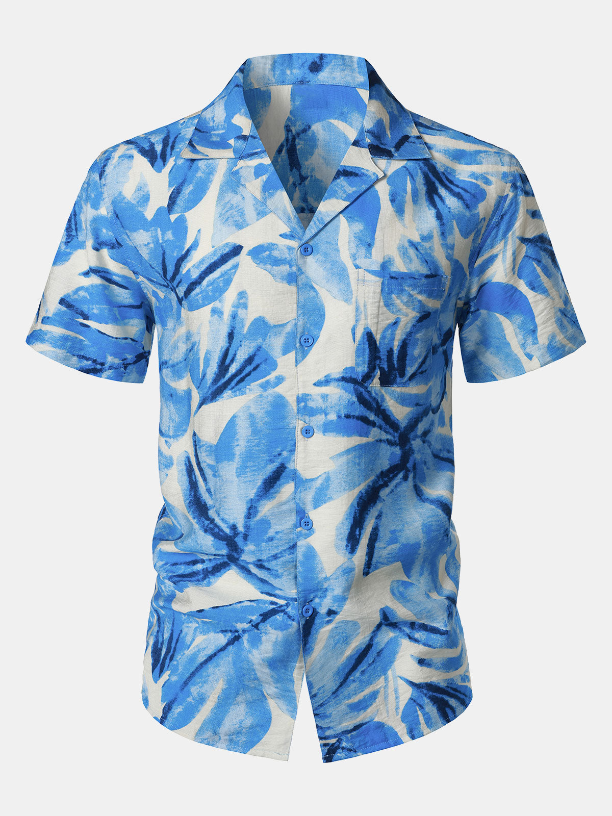 Buttoned Short Sleeve Blue Tropical Leaves Hawaiian Style Cuban Collar Shirt with Pocket