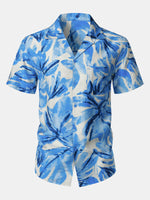 Buttoned Short Sleeve Blue Tropical Leaves Hawaiian Style Cuban Collar Shirt with Pocket