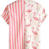 Short Sleeve Cotton Shirt with Pink Flamingo and Stripe Pattern for Men