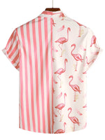 Short Sleeve Cotton Shirt with Pink Flamingo and Stripe Pattern for Men