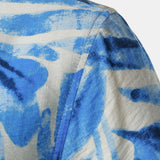 Buttoned Short Sleeve Blue Tropical Leaves Hawaiian Style Cuban Collar Shirt with Pocket