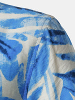 Buttoned Short Sleeve Blue Tropical Leaves Hawaiian Style Cuban Collar Shirt with Pocket
