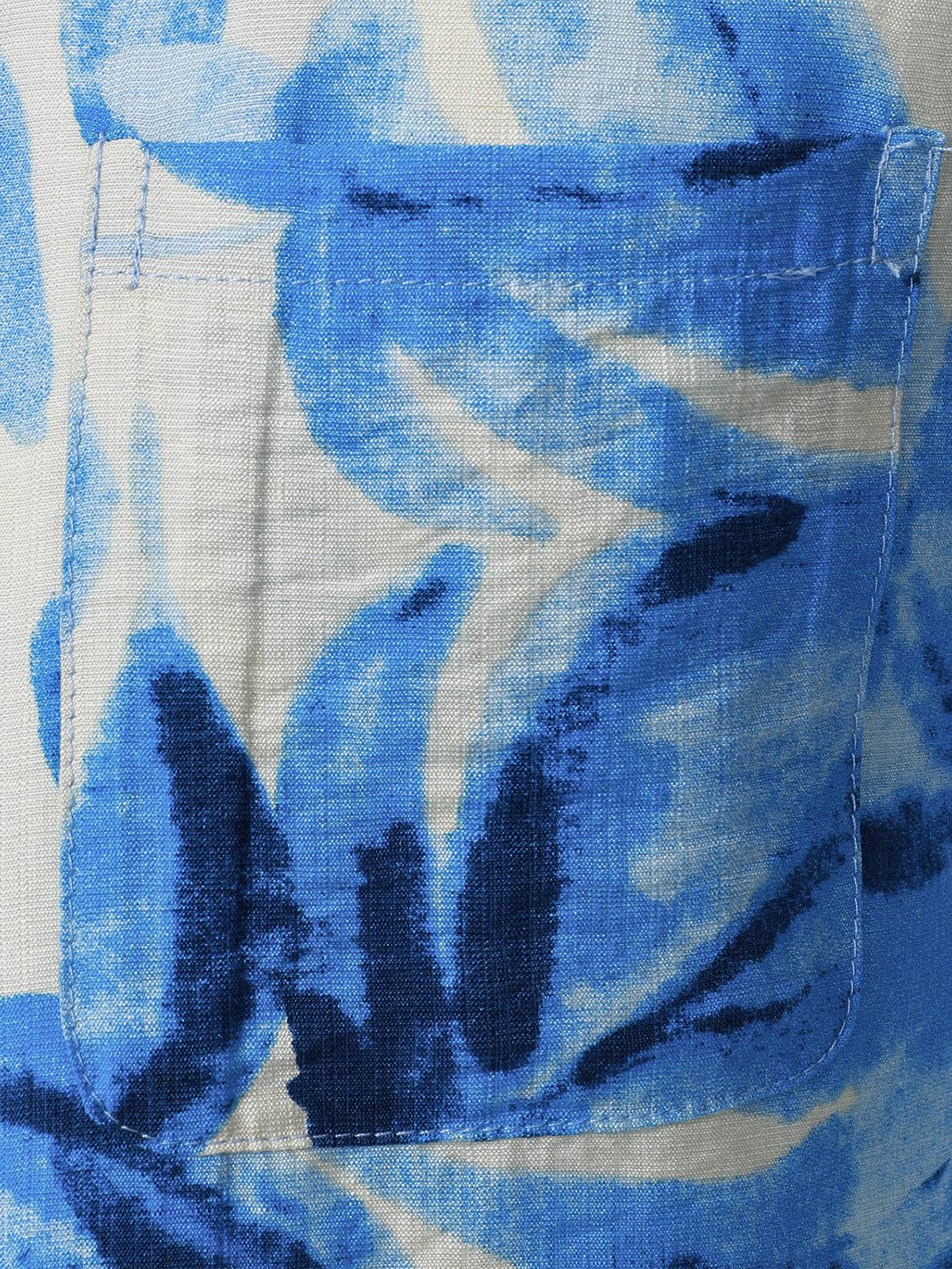 Buttoned Short Sleeve Blue Tropical Leaves Hawaiian Style Cuban Collar Shirt with Pocket