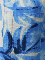 Buttoned Short Sleeve Blue Tropical Leaves Hawaiian Style Cuban Collar Shirt with Pocket
