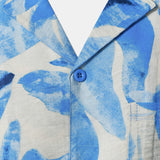 Buttoned Short Sleeve Blue Tropical Leaves Hawaiian Style Cuban Collar Shirt with Pocket