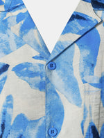 Buttoned Short Sleeve Blue Tropical Leaves Hawaiian Style Cuban Collar Shirt with Pocket