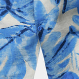 Buttoned Short Sleeve Blue Tropical Leaves Hawaiian Style Cuban Collar Shirt with Pocket