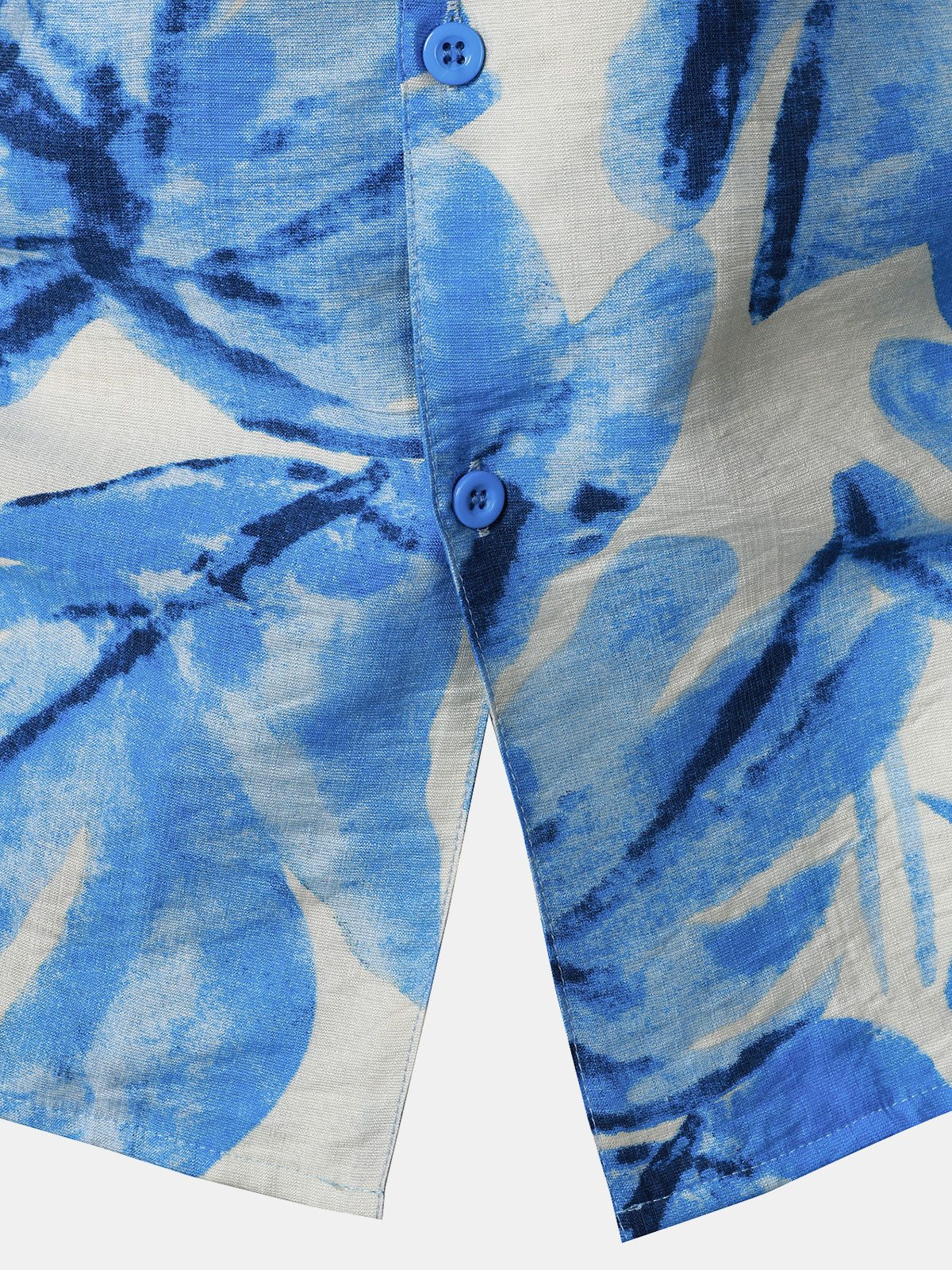 Buttoned Short Sleeve Blue Tropical Leaves Hawaiian Style Cuban Collar Shirt with Pocket