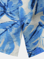 Buttoned Short Sleeve Blue Tropical Leaves Hawaiian Style Cuban Collar Shirt with Pocket