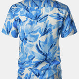 Buttoned Short Sleeve Blue Tropical Leaves Hawaiian Style Cuban Collar Shirt with Pocket