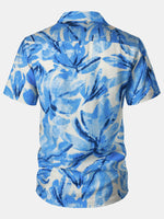 Buttoned Short Sleeve Blue Tropical Leaves Hawaiian Style Cuban Collar Shirt with Pocket