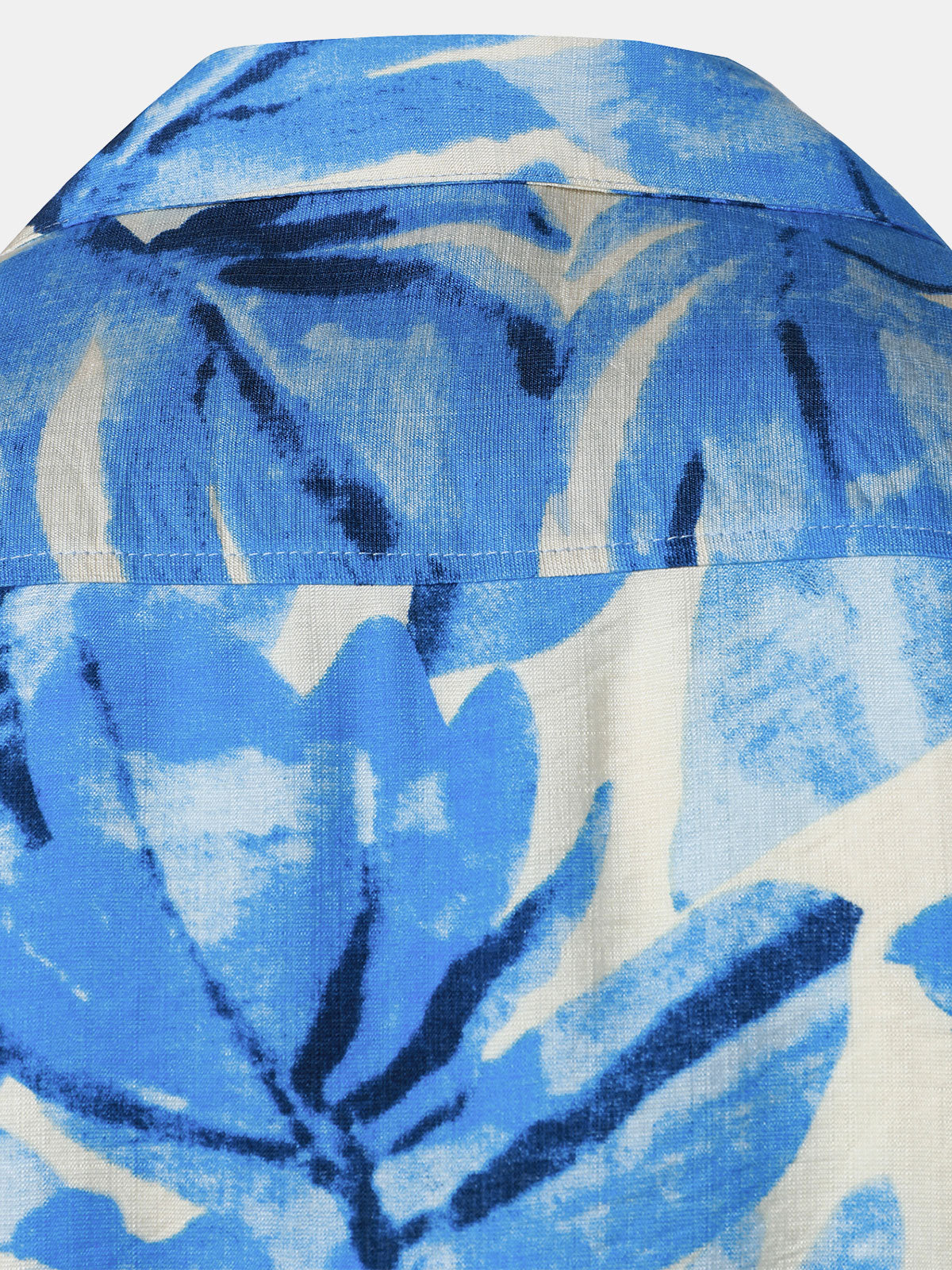 Buttoned Short Sleeve Blue Tropical Leaves Hawaiian Style Cuban Collar Shirt with Pocket