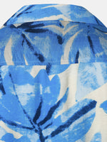 Buttoned Short Sleeve Blue Tropical Leaves Hawaiian Style Cuban Collar Shirt with Pocket
