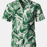 Button-Up Short Sleeve Green Tropical Leaves Print Shirt with Pocket, Hawaiian Style