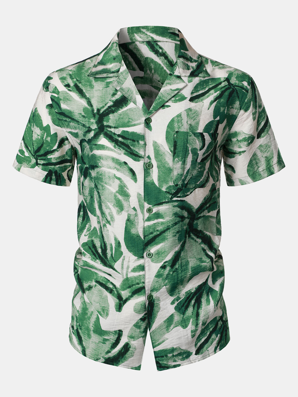 Button-Up Short Sleeve Green Tropical Leaves Print Shirt with Pocket, Hawaiian Style