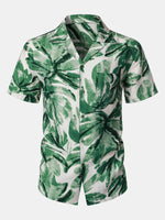 Button-Up Short Sleeve Green Tropical Leaves Print Shirt with Pocket, Hawaiian Style