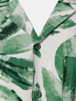 Button-Up Short Sleeve Green Tropical Leaves Print Shirt with Pocket, Hawaiian Style