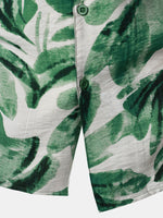 Button-Up Short Sleeve Green Tropical Leaves Print Shirt with Pocket, Hawaiian Style