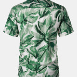Button-Up Short Sleeve Green Tropical Leaves Print Shirt with Pocket, Hawaiian Style