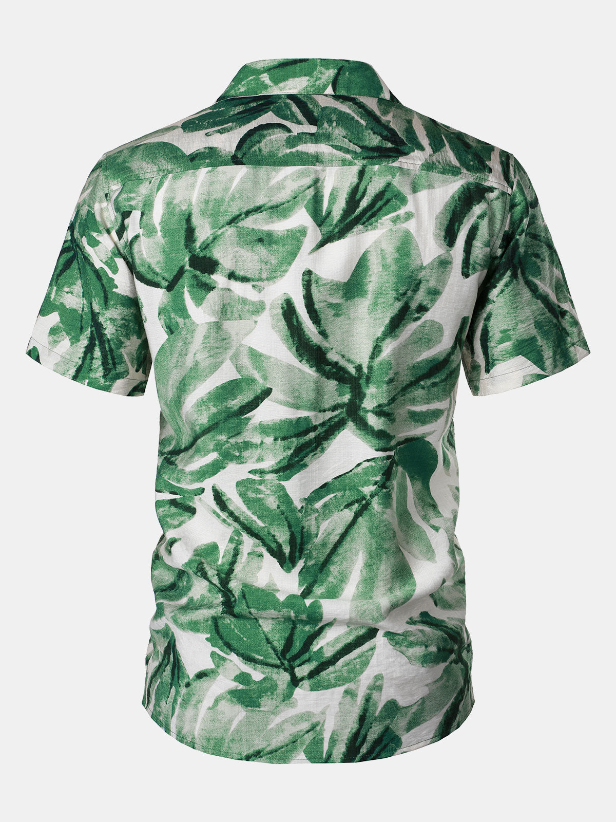 Button-Up Short Sleeve Green Tropical Leaves Print Shirt with Pocket, Hawaiian Style