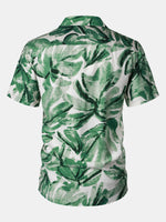 Button-Up Short Sleeve Green Tropical Leaves Print Shirt with Pocket, Hawaiian Style