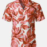 Button-Up Short Sleeve Red Tropical Leaves Print Shirt with Pocket, Hawaiian Style
