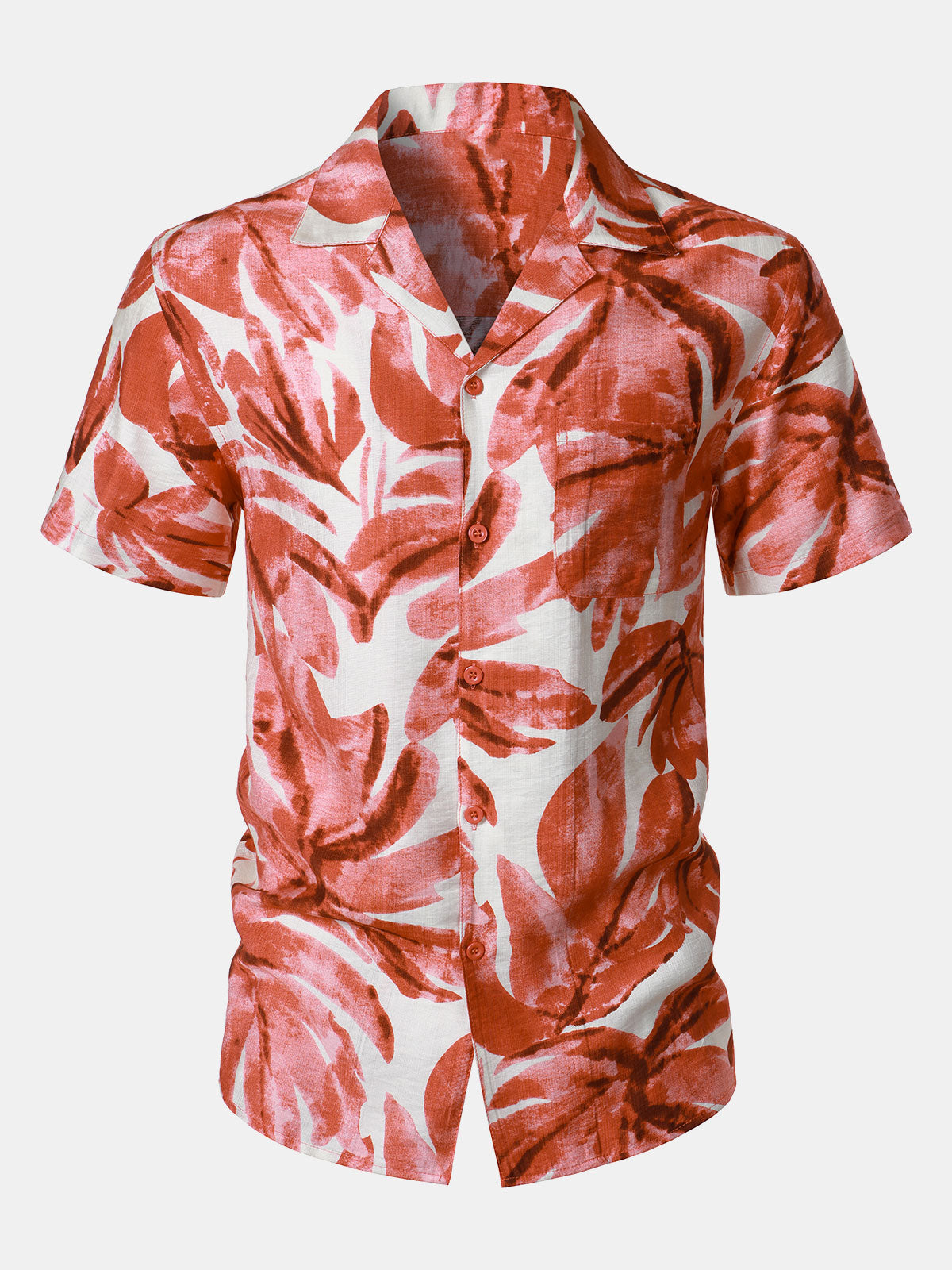 Button-Up Short Sleeve Red Tropical Leaves Print Shirt with Pocket, Hawaiian Style