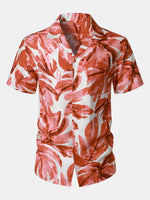 Button-Up Short Sleeve Red Tropical Leaves Print Shirt with Pocket, Hawaiian Style