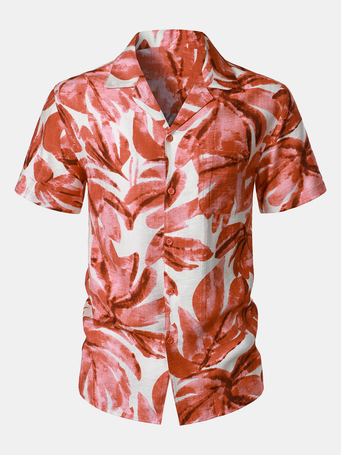 Button-Up Short Sleeve Red Tropical Leaves Print Shirt with Pocket, Hawaiian Style
