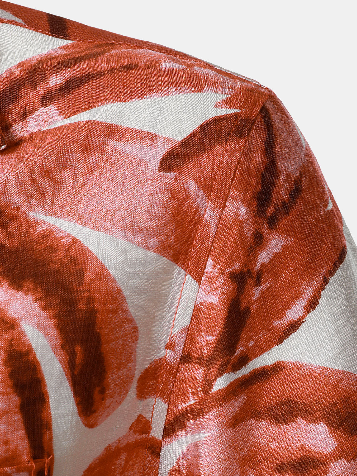 Button-Up Short Sleeve Red Tropical Leaves Print Shirt with Pocket, Hawaiian Style