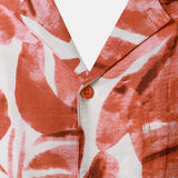 Button-Up Short Sleeve Red Tropical Leaves Print Shirt with Pocket, Hawaiian Style