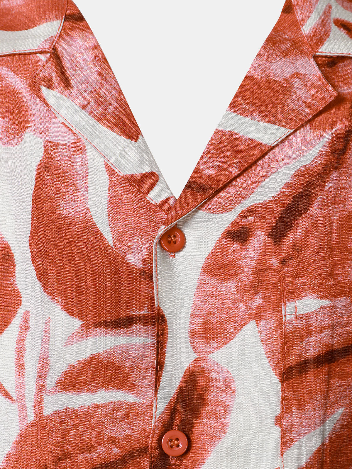 Button-Up Short Sleeve Red Tropical Leaves Print Shirt with Pocket, Hawaiian Style