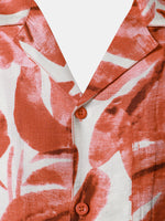 Button-Up Short Sleeve Red Tropical Leaves Print Shirt with Pocket, Hawaiian Style