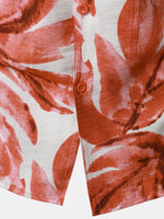Button-Up Short Sleeve Red Tropical Leaves Print Shirt with Pocket, Hawaiian Style