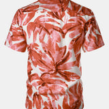 Button-Up Short Sleeve Red Tropical Leaves Print Shirt with Pocket, Hawaiian Style