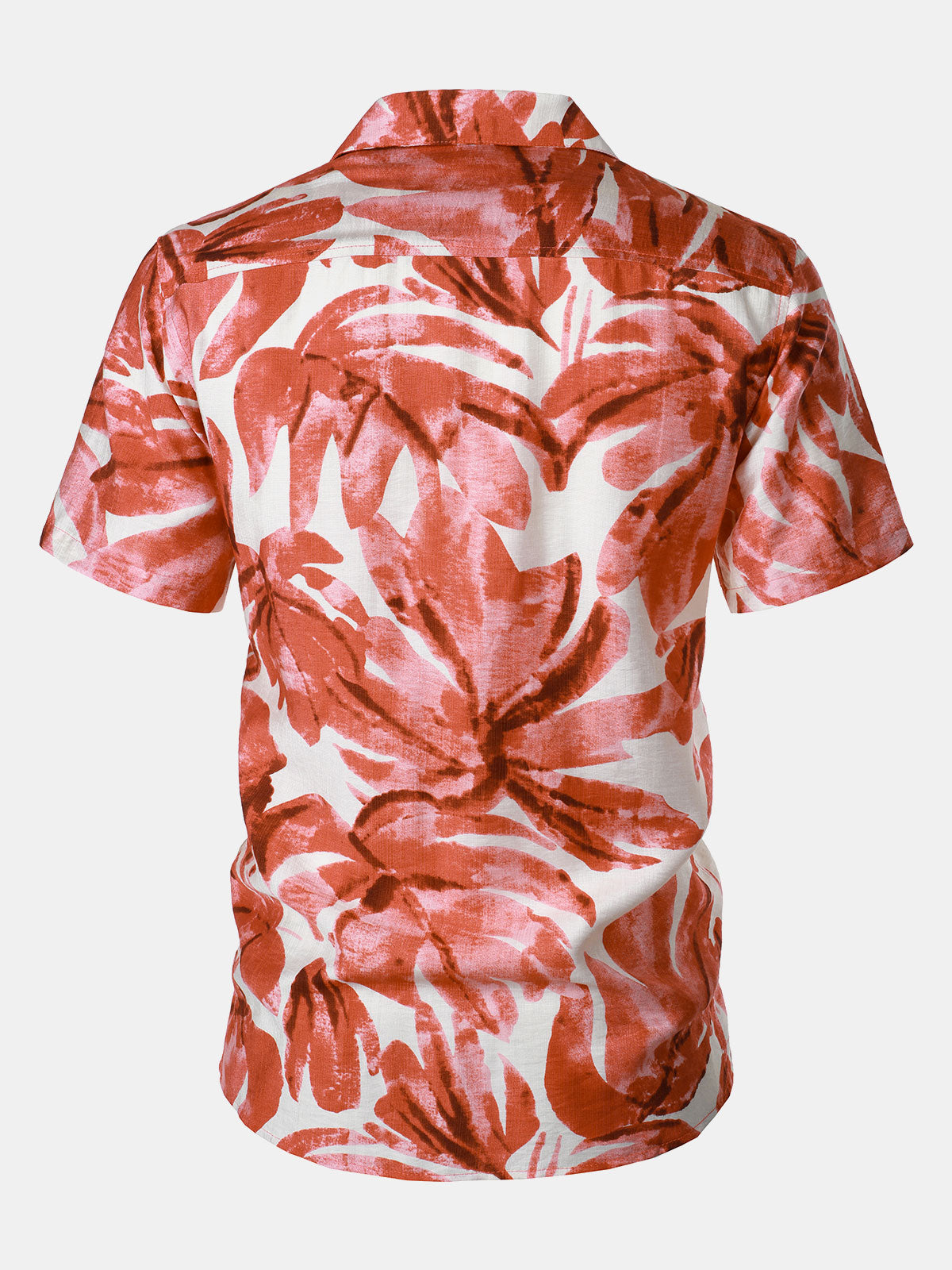 Button-Up Short Sleeve Red Tropical Leaves Print Shirt with Pocket, Hawaiian Style