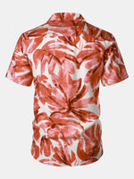 Button-Up Short Sleeve Red Tropical Leaves Print Shirt with Pocket, Hawaiian Style