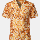 Button-Up Short Sleeve Yellow Tropical Print Shirt with Pocket, Hawaiian Style