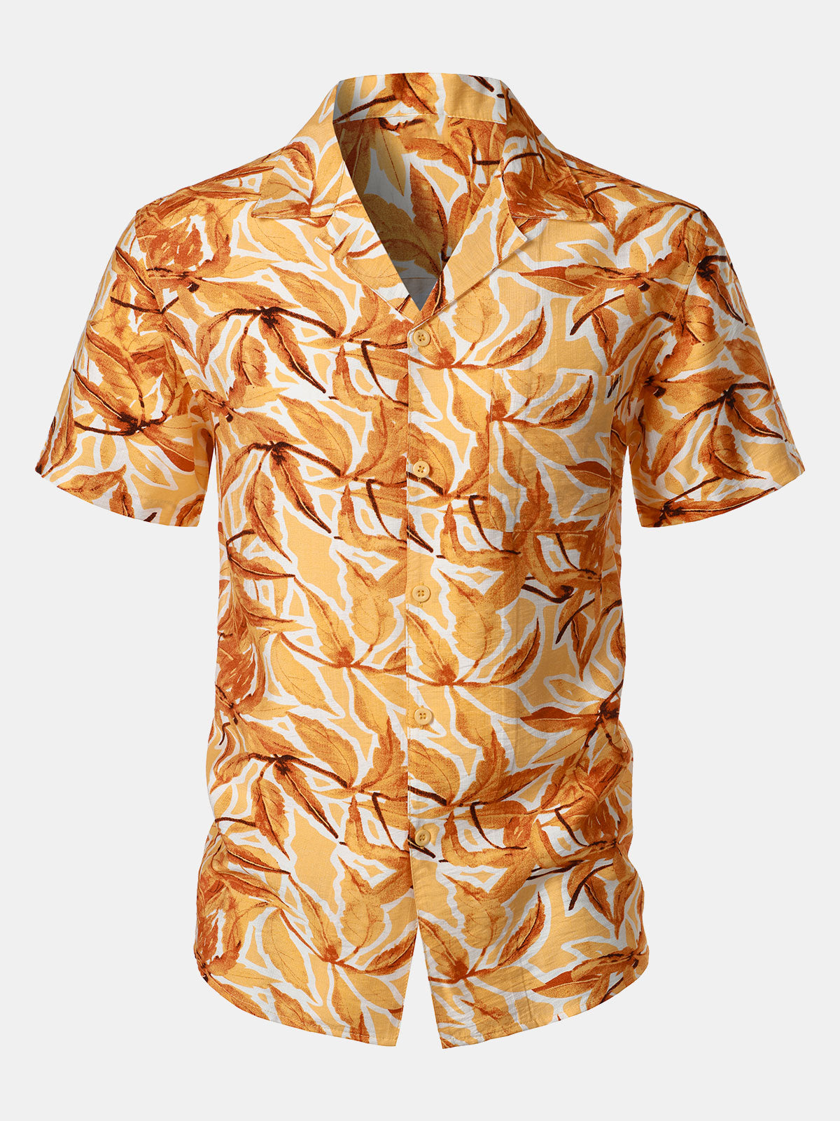 Button-Up Short Sleeve Yellow Tropical Print Shirt with Pocket, Hawaiian Style