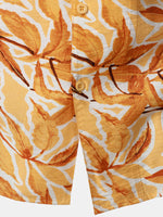 Button-Up Short Sleeve Yellow Tropical Print Shirt with Pocket, Hawaiian Style