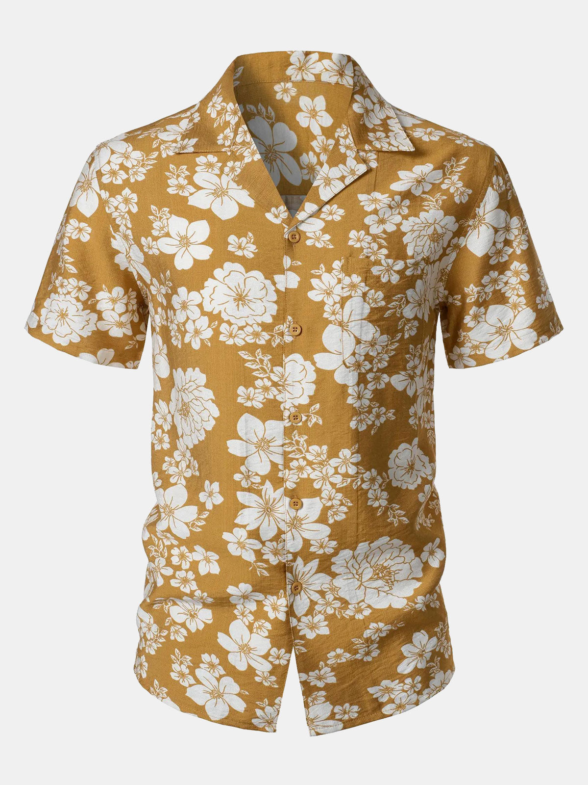 Button-Up Short Sleeve Yellow Floral Print Shirt with Pocket, Resort Style