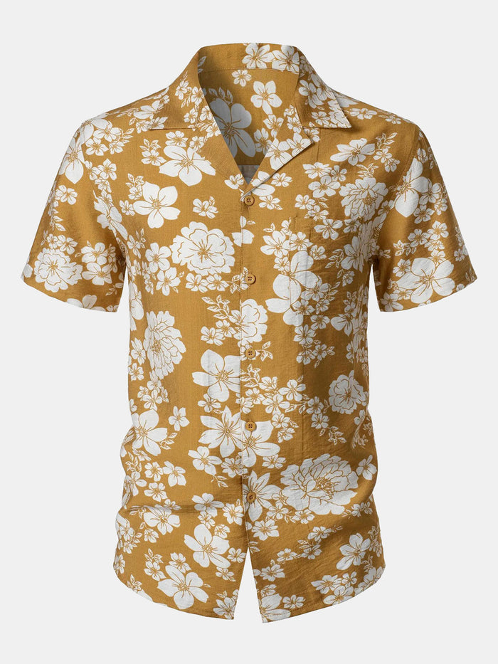 Button-Up Short Sleeve Yellow Floral Print Shirt with Pocket, Resort Style