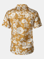 Button-Up Short Sleeve Yellow Floral Print Shirt with Pocket, Resort Style