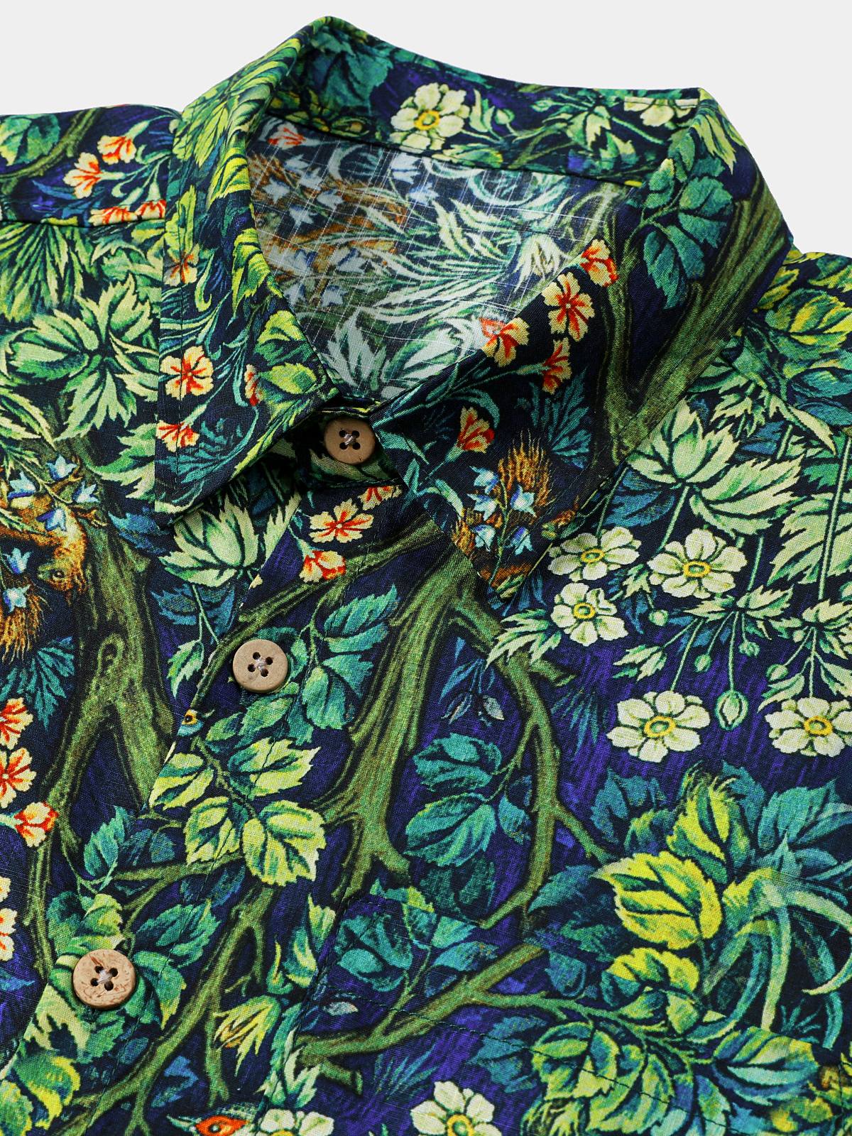 Green Hawaiian Tropical Botanical Print Short Sleeve Shirt