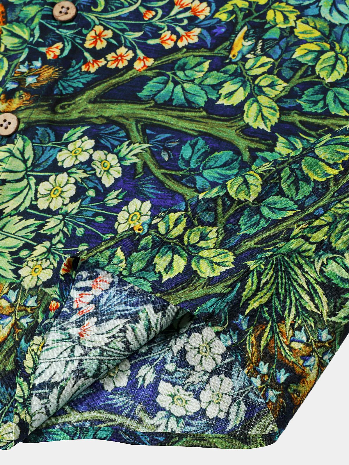 Green Hawaiian Tropical Botanical Print Short Sleeve Shirt